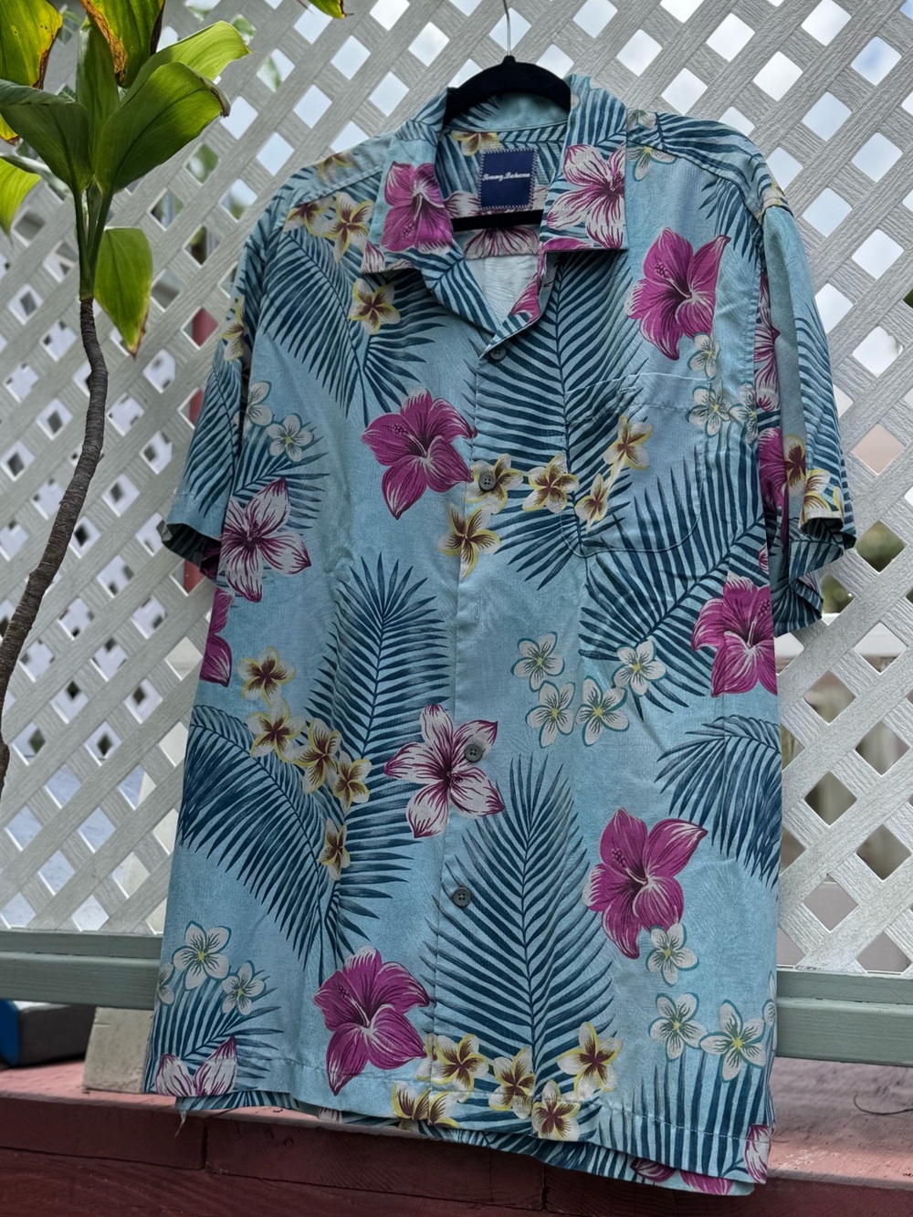 Tommy Bahama Light Blue Tropical Floral Camp Shirt with Pink Flowers